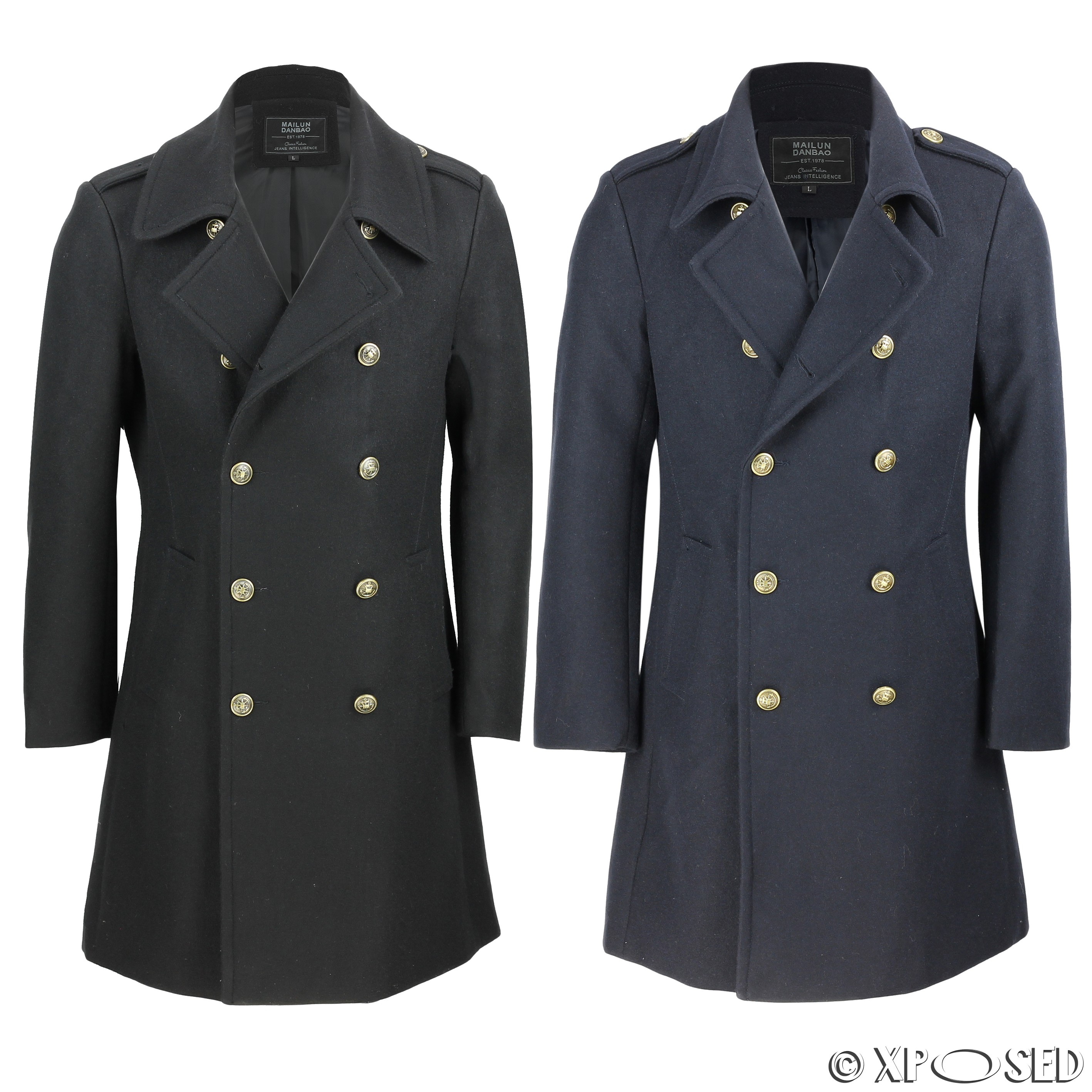 Mens Vintage Military Style Wool Mix Double Breasted Jacket Overcoat
